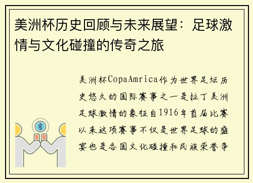 美洲杯历史回顾与未来展望：足球激情与文化碰撞的传奇之旅